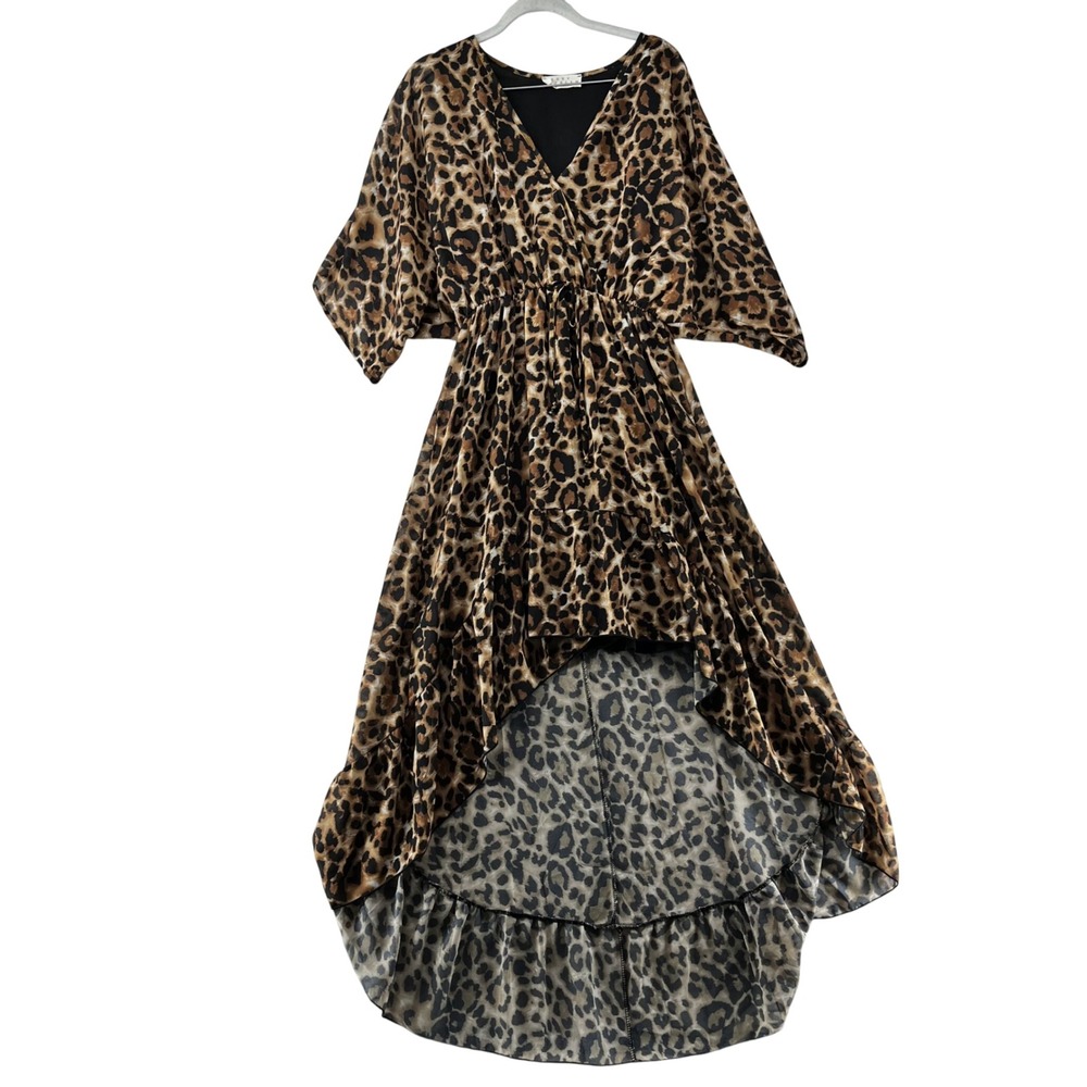 Berry N Cream Leopard Print Dress High Low V Neck Kimono Sleeve Large‎